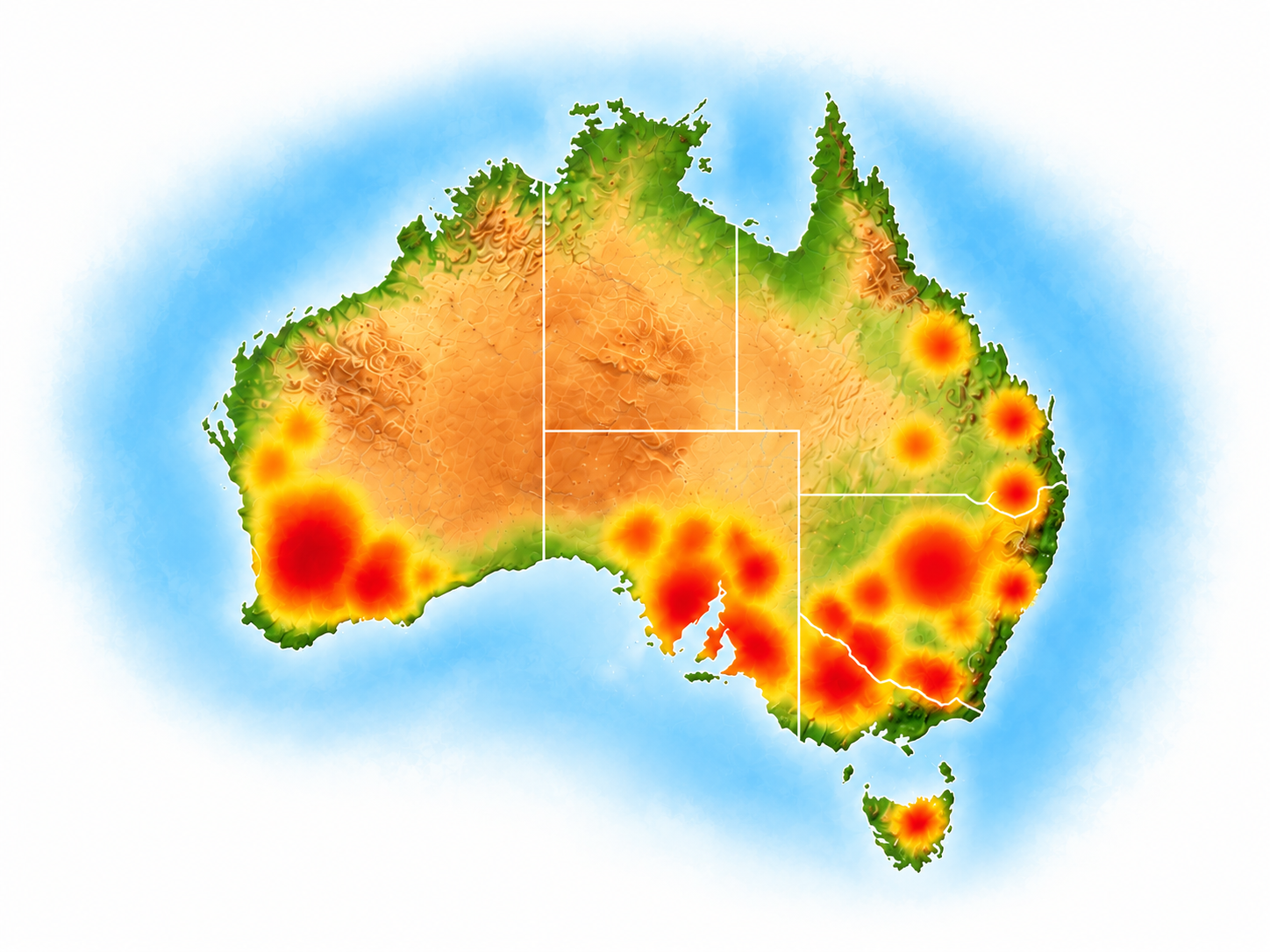 Illustrative Australia map with heat spots across western, southern and eastern farming regions