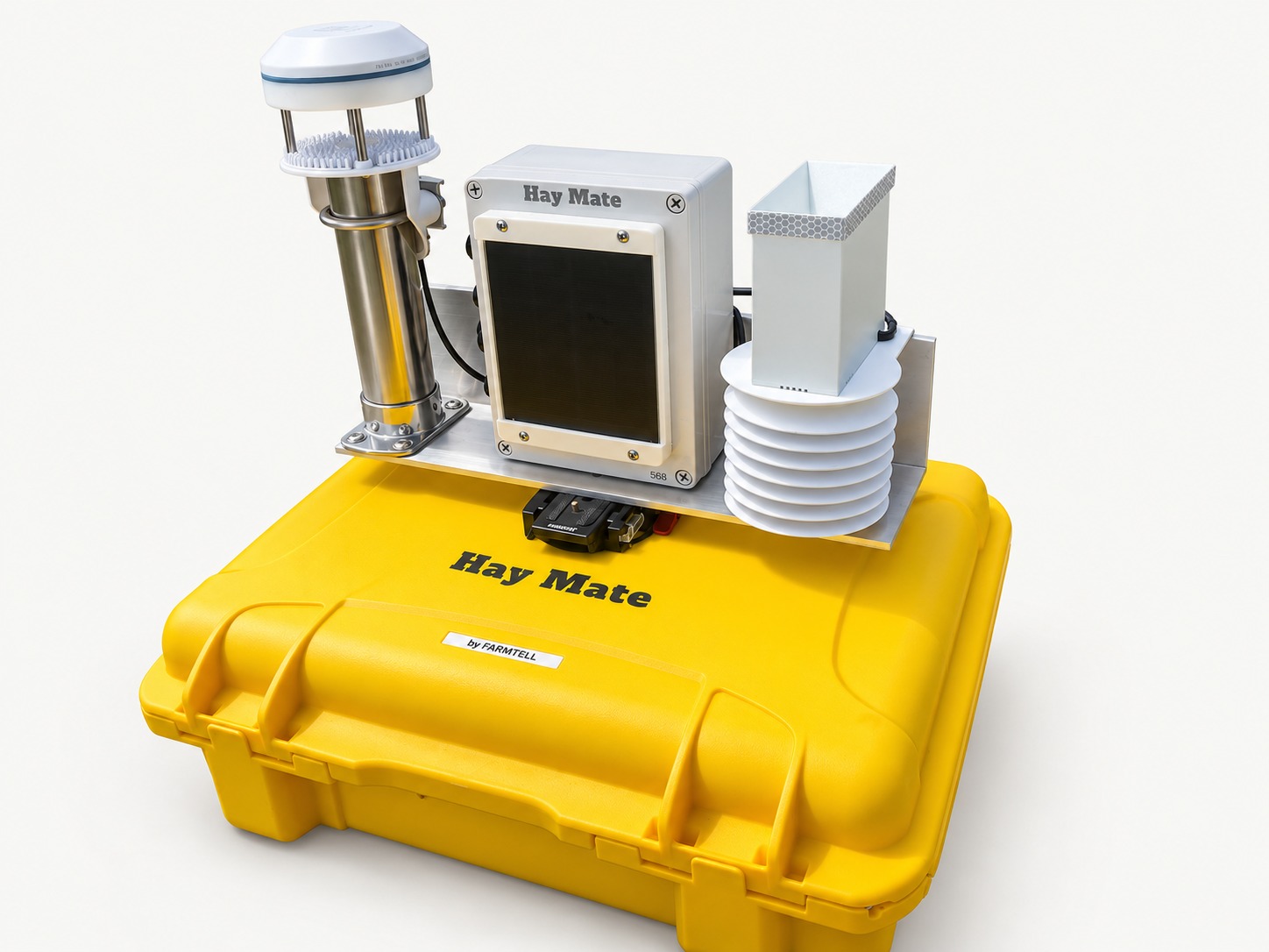HayMate Max with wind, rainfall, temperature and humidity sensors beside its yellow case