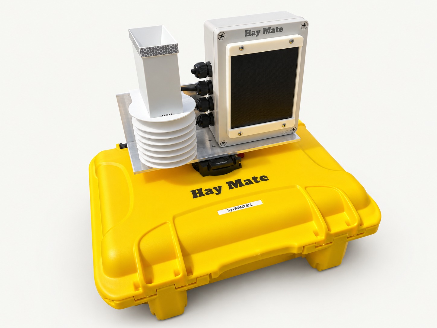 HayMate Medium with temperature, humidity and rainfall sensors beside its yellow case