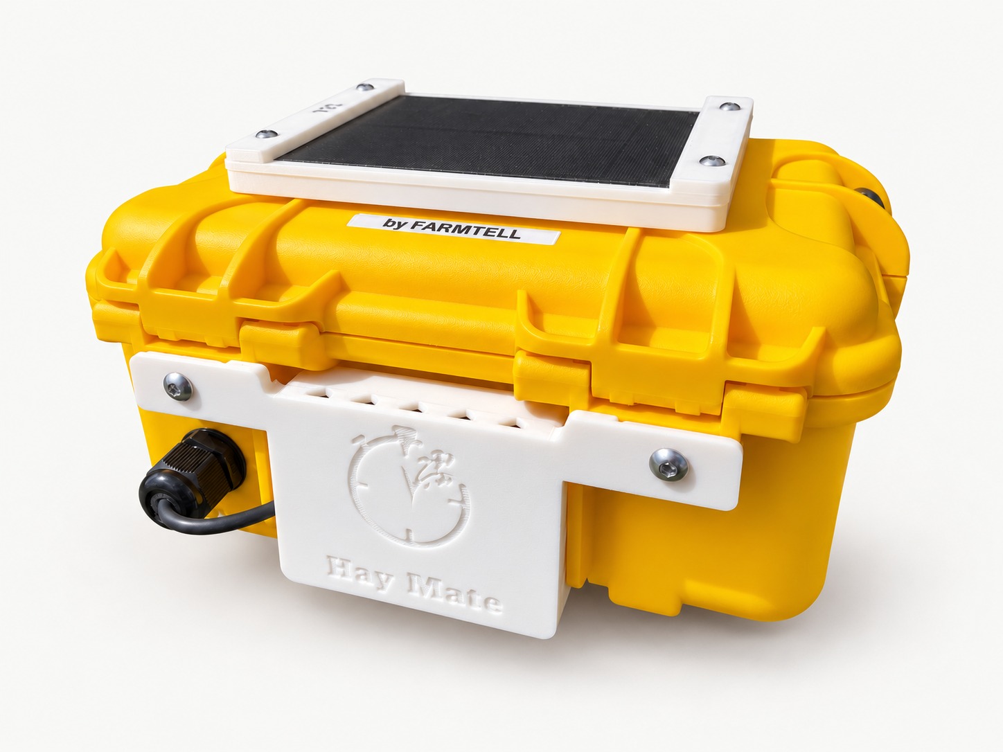 HayMate Mini in its yellow case with solar panel and temperature and humidity sensor