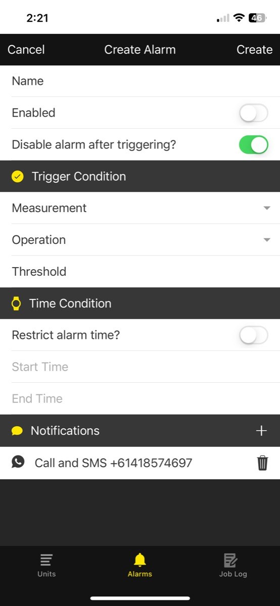Hay Mate app Create Alarm screen with threshold, time condition and call and SMS notification settings