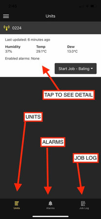 Hay Mate app Units screen with a humidity and temperature summary and navigation to alarms and job logs