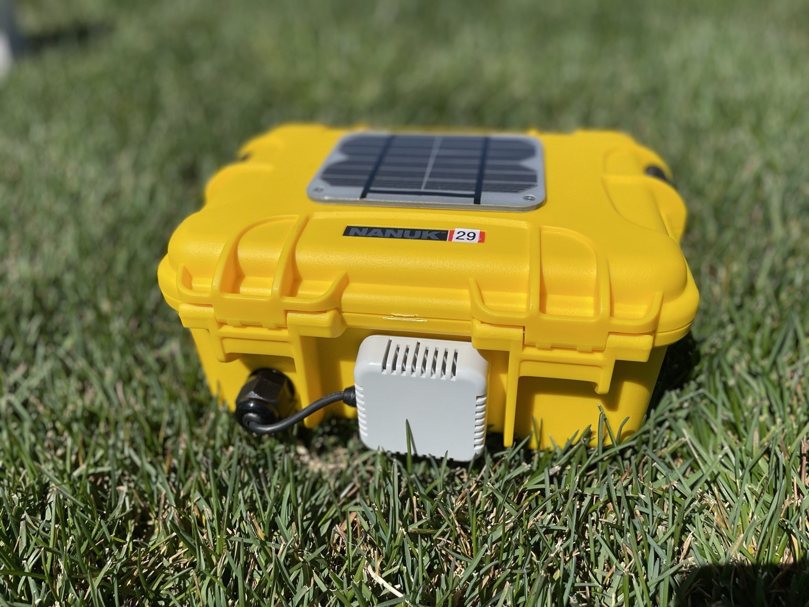 HayMate yellow portable unit with solar top-up panel and external temperature and humidity sensor