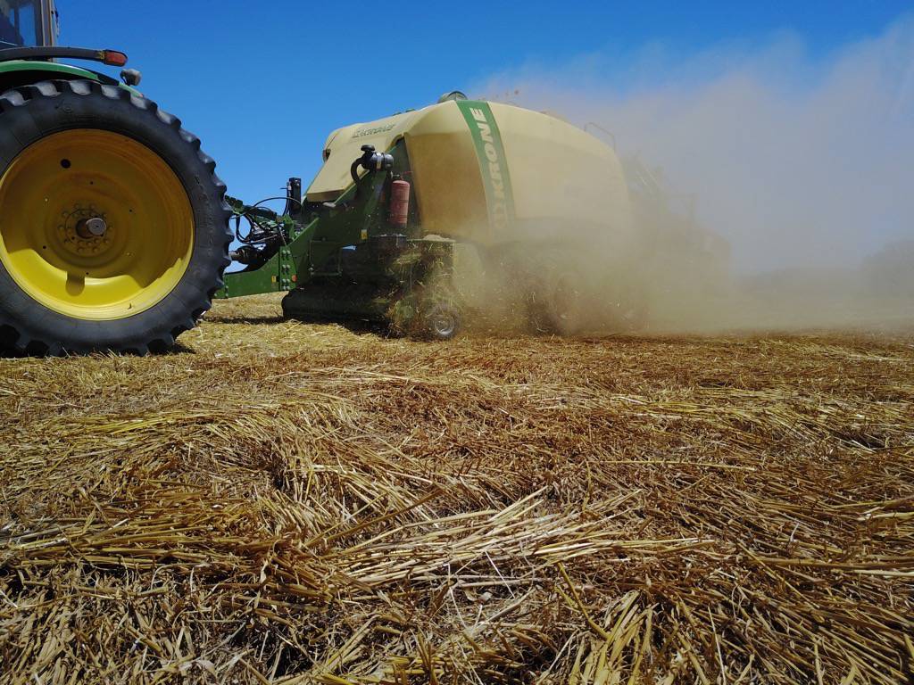 Tractor and baler working through a hay paddock
