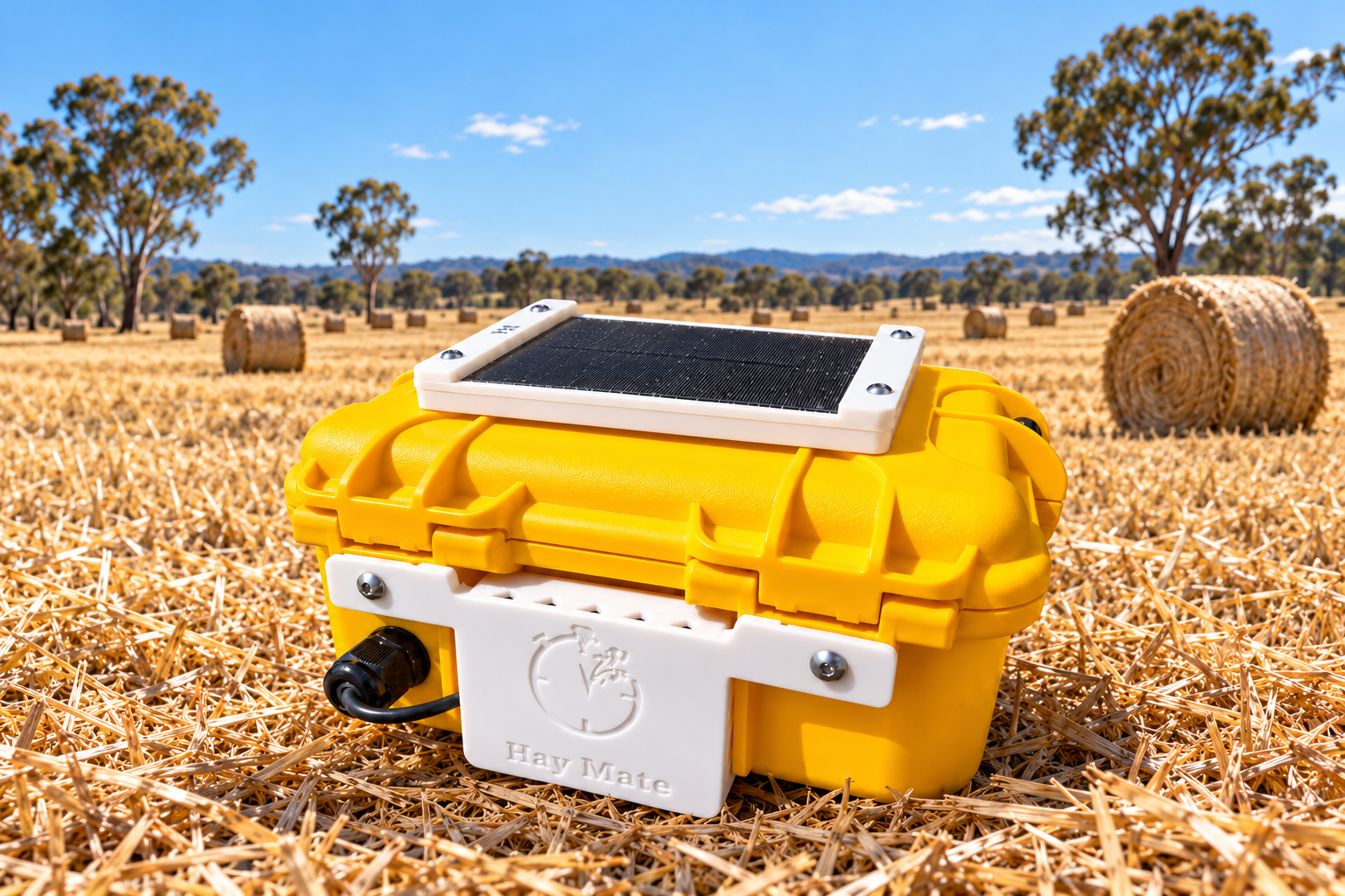 Hay Mate Mini with its solar panel in a hay paddock